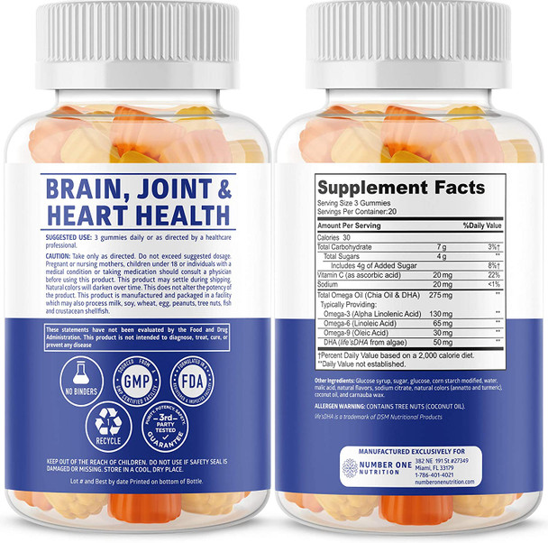 N1N Premium Omega 3 6 9  DHA Gummies Vegan Plant Based Natural Brain Immunity and Joint Health Support with Vitamin C 60 Gummies