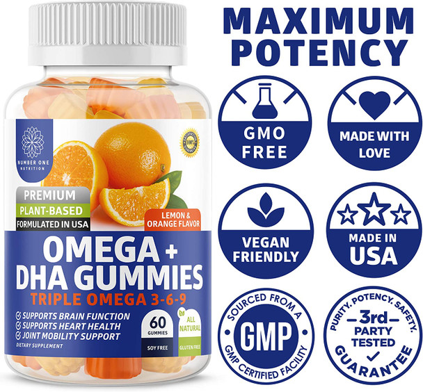 N1N Premium Omega 3 6 9  DHA Gummies Vegan Plant Based Natural Brain Immunity and Joint Health Support with Vitamin C 60 Gummies