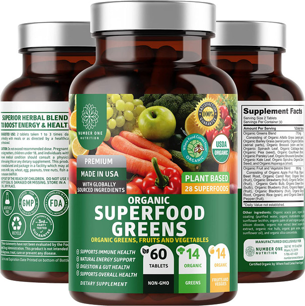 N1N Premium Organic Superfood Greens 28 Powerful Ingredients Natural Fruit and Veggie Supplement with Alfalfa Beet Root and Ginger to Boost Energy Immunity and Gut Health Made in USA 60 Ct