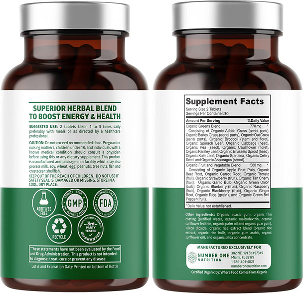 N1N Premium Organic Superfood Greens 28 Powerful Ingredients Natural Fruit and Veggie Supplement with Alfalfa Beet Root and Ginger to Boost Energy Immunity and Gut Health Made in USA 60 Ct