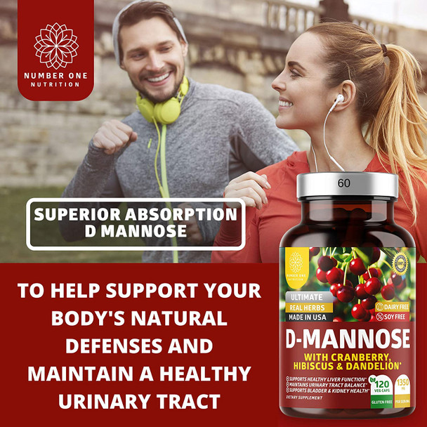 N1N Premium D Mannose with Cranberry and Hibiscus Max Strength 1350mg Naturally Supports Urinary Tract Health Flush Impurities and Bladder Health 120 Veg Caps