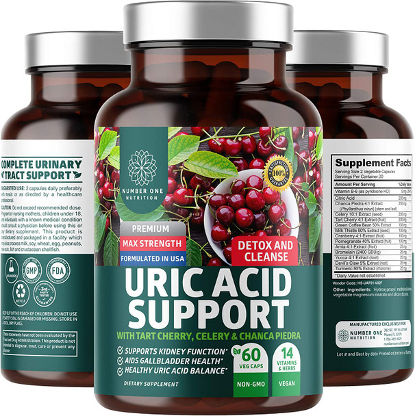 N1N Premium Uric Acid Support Supplement 14X Potent Herbs All Natural Kidney and Uric Acid Cleanse with Tart Cherry Milk Thistle Cranberry Celery Chanca Piedra 60 Veg Caps