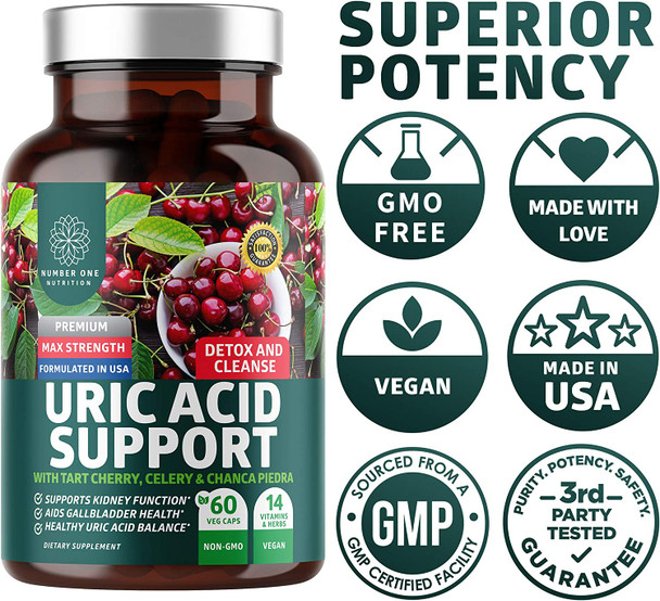 N1N Premium Uric Acid Support Supplement 14X Potent Herbs All Natural Kidney and Uric Acid Cleanse with Tart Cherry Milk Thistle Cranberry Celery Chanca Piedra 60 Veg Caps