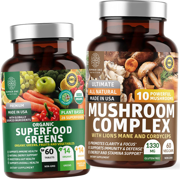 N1N Premium Mushroom Complex 10x Powerful and Organic Superfood Greens to Support Brain Functions and Overall Wellness 2 Pack Bundle