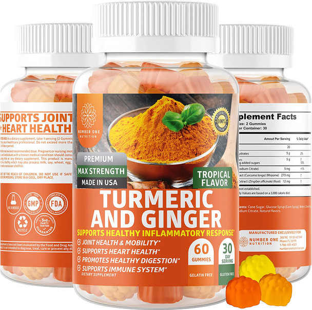 N1N Premium Turmeric Curcumin Gummies with Ginger Max Strength Natural Turmeric Gummies for Adults to Support Joint Pain Relief Brain Function Gluten Free 60 Gummies