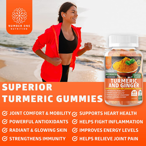 N1N Premium Turmeric Curcumin Gummies with Ginger Max Strength Natural Turmeric Gummies for Adults to Support Joint Pain Relief Brain Function Gluten Free 60 Gummies