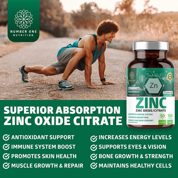 N1N Premium Zinc 50mg 3X Absorption Vegan All Natural Zinc Oxide and Citrate Supplement for Immune Support Skin Health and Better Digestion 100 Tablets