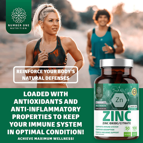 N1N Premium Zinc 50mg 3X Absorption Vegan All Natural Zinc Oxide and Citrate Supplement for Immune Support Skin Health and Better Digestion 100 Tablets