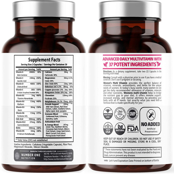 N1N Premium Daily Multivitamins for Women 30 Potent Vitamins Minerals and Herbs with Echinacea Selenium Cranberry Spirulina Lycopene and Lutein for Immunity and Energy 60 Veg Caps