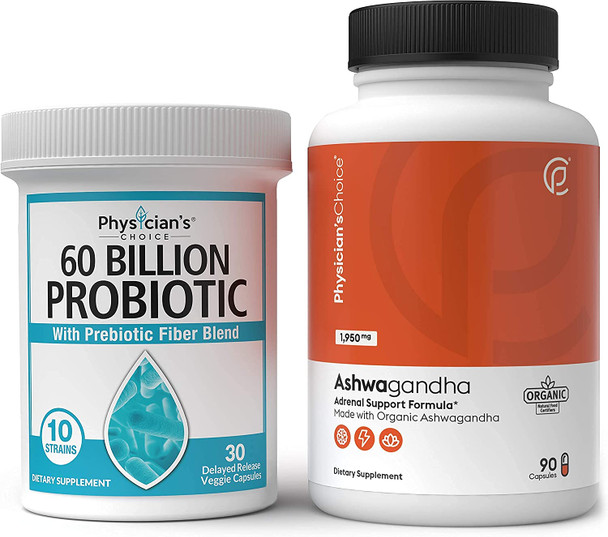 Probiotics 60 Billion CFU  Organic Ashwagandha 1950mg Root Powder Extract Bundle  1 Month Supply