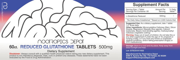 Reduced Glutathione Tablets  500mg  60 Count  May Help Support Cognitive Function Balanced Oxidation Levels  Skin Health