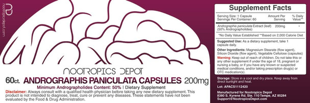 Andrographis paniculata Capsules  200mg  60 Count  50 Andrographolides  Supports Immune Function  Supports Cellular Function