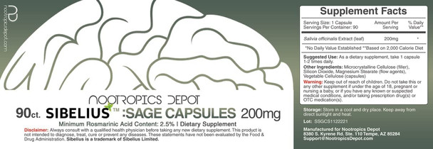 Sibelius Sage Capsules  200mg  90 Count  2.5 Rosmarinic Acid