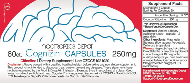 Cognizin Citicoline Capsules  60 Count  Choline Supplement  Brain Health Supplement  Regulates Memory and Cognitive Function  Supports Attention Focus and Recall