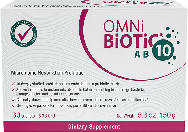 OMNiBiOTiC AB 10  Clinically Tested Restorative Probiotic  Supports  Restores Gut Flora  Digestion  Digestive Probiotic for Diarrhea  Vegan Hypoallergenic NonGMO 30 Daily Packets