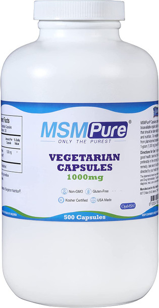 Kala Health MSMPure Vegetarian Capsules 500 Count Made with Organic Sulfur Crystals 99.99 Pure Distilled MSM Supplement 1000 mg per Capsule Made in USA