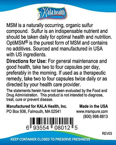 Kala Health MSMPure Vegetarian Capsules 500 Count Made with Organic Sulfur Crystals 99.99 Pure Distilled MSM Supplement 1000 mg per Capsule Made in USA