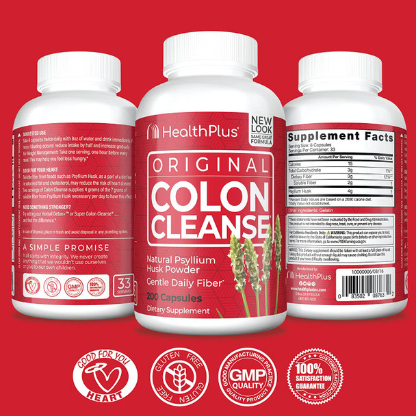 Health Plus Colon Cleanse  Natural Daily Fiber  Gluten Free Detox Heart Healthy 200 Capsules 33 Servings