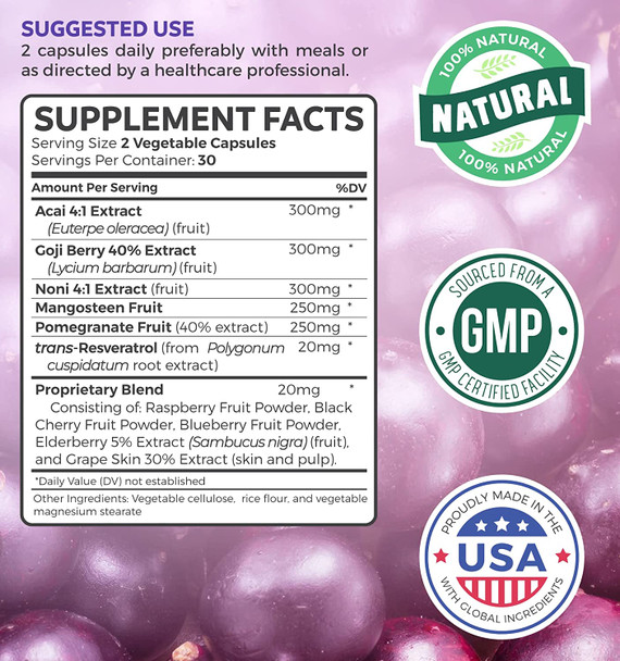 Super Antioxidant Supplement  Powerful Super Food Antioxidants Blend  Acai Berry Goji Berry Pomegranate  Trans Resveratrol  Natural Herbal Fruit Formula  Skin Care  60 Capsules