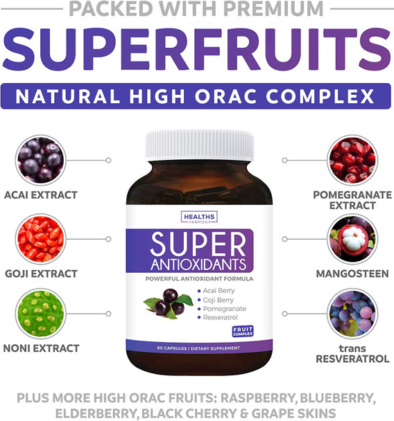 Super Antioxidant Supplement  Powerful Super Food Antioxidants Blend  Acai Berry Goji Berry Pomegranate  Trans Resveratrol  Natural Herbal Fruit Formula  Skin Care  60 Capsules