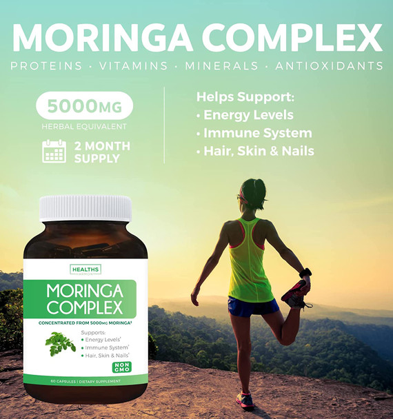Moringa Capsules  5000mg Blend NonGMO The Herbal Equivalent of 5000mg Moringa Oleifera  Powder Extract Complex from Seeds Leaf  Fruit  Green Vegetarian Supplement  60 Count No Oil or Tea