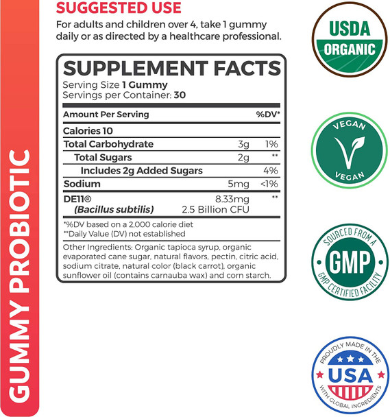 USDA Organic Probiotics for Kids NonGMO Strawberry Flavor Kids Probiotic Gummies for Digestion  Immune Support  2.5 Billion CFU of DE111 Spore Forming Strain for Maximum Survivability  30 Gummys