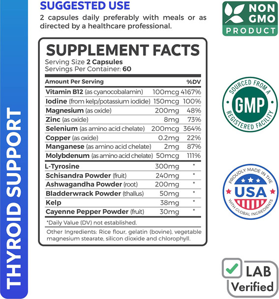 Thyroid Support with Iodine  120 Capsules NonGMO Improve Your Energy  Increase Metabolism  Ashwagandha Root Zinc Selenium Vitamin B12 Complex  Thyroid Health Supplement  60 Day Supply