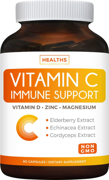 Immune Support  Vitamin C with Zinc Vitamin D Elderberry  Echinacea NonGMO Immune System Booster Supplement  VIT C 500mg  60 Vegetarian Capsules No Pills Tablets or Gummies