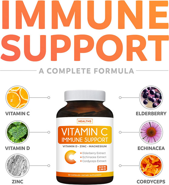 Immune Support  Vitamin C with Zinc Vitamin D Elderberry  Echinacea NonGMO Immune System Booster Supplement  VIT C 500mg  60 Vegetarian Capsules No Pills Tablets or Gummies