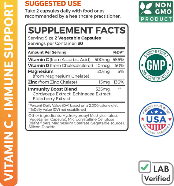 Immune Support  Vitamin C with Zinc Vitamin D Elderberry  Echinacea NonGMO Immune System Booster Supplement  VIT C 500mg  60 Vegetarian Capsules No Pills Tablets or Gummies