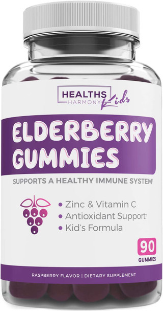 Elderberry Gummies for Kids with Vitamin C  Zinc 90 Delicious Raspberry Gummies Immune Support Supplement for Children  Sambucus Elderberry Gummies  3 Months Supply Vegetarian  No Pills