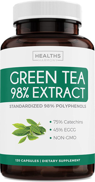Green Tea 98 Extract with EGCG  120 Capsules NonGMO for Natural Metabolism Boost  Leaf Polyphenol Catechins  Antioxidant Supplement  1000mg 500mg per Capsule