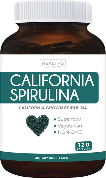 California Spirulina Capsules NonGMO 120 Vegetarian Capsules 500mg  Blue Green Algae Superfood from Spirulina Powder  Grown in California  Gluten Free  Nonirradiated  No Tablets