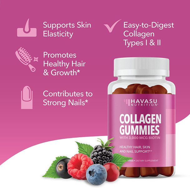 Havasu Nutrition Collagen Gummies Formulated with Collagen  Biotin to Support Hair Skin and Nail Growth for Men  Women  GelatinFree 2 Pack 120 Gummies