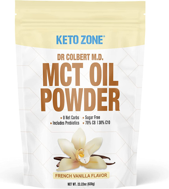 Dr. Colberts Keto Zone MCT Oil Powder  French Vanilla Flavor  70  C8  30 C10  All Natural Keto Approved for Ketosis  0 Net Carbs  Gluten Free  60 Day Supply  660g  Recyclable Packaging