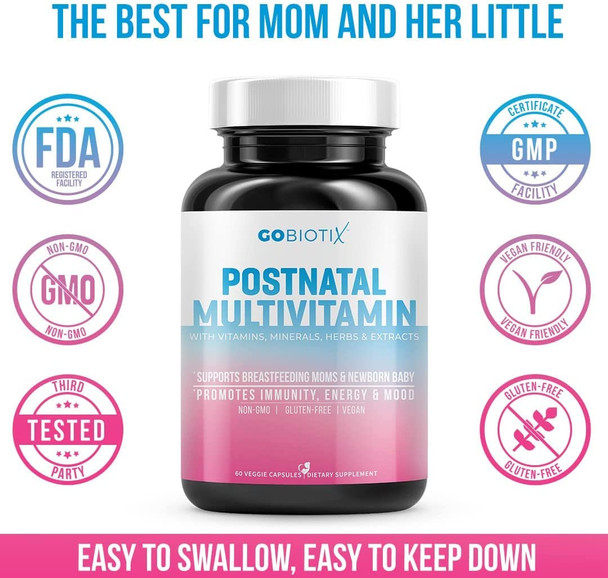 GoBiotix Postnatal Vitamin  Postpartum Vitamins for Energy Mood Breastfeeding Support  Lactation Supplement with Organic Herbs Minerals Nutrients for New MomsBaby NonGMO Vegan 60 Capsules