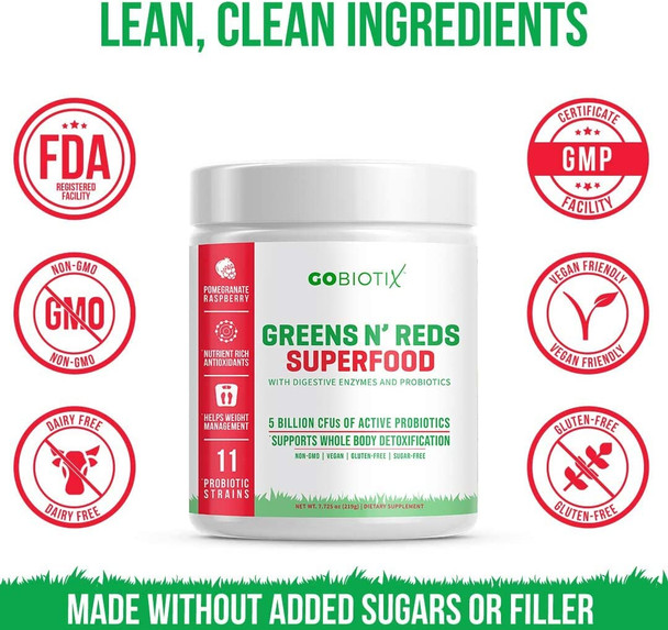 GoBiotix Super Greens Powder N Super Reds Powder  NonGMO Vegan Red and Green Superfood  Probiotics Enzymes Organic Whole Foods  Fruit and Veggie Supplement Pomegranate Raspberry 30 Servings