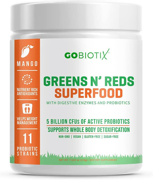 GoBiotix Super Greens Powder N Super Reds Powder  NonGMO Vegan Red and Green Superfood  Probiotics Enzymes Organic Whole Foods  Fruit and Veggie Supplement Mango 30 Servings