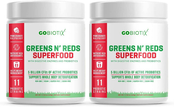 GoBiotix Super Greens Powder N Super Reds Powder  NonGMO Vegan Red and Green Superfood  Probiotics Enzymes Organic Whole Foods  Fruit and Veggie Supplement Pomegranate Raspberry 60 Servings