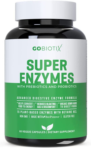 Super Enzymes Supplement  15 Vegan  PlantBased Digestive Enzymes with Prebiotics Probiotics  Bioperine  Supports Gut Health Gluten Digestion Lactose Absorption  Leaky Gut  60 Veggie Capsules