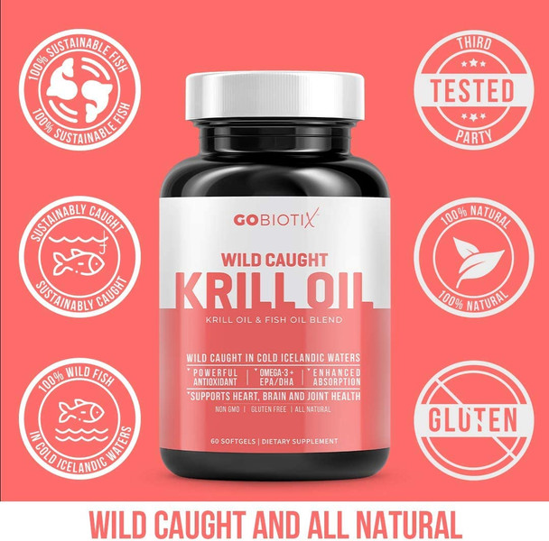 Krill Oil 1000mg Softgels by GoBiotix  Extra Strength with Omega3s EPA DHA Astaxanthin  Phospholipids  Wild Caught Icelandic Fish Oil Supplement for Joint Brain  Heart Health 30 Servings