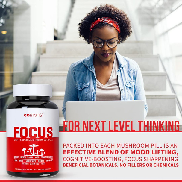 Focus Mushroom Supplement Complex by GoBiotix  Lions Mane Cordyceps Reishi Chaga Maitake  More  Adaptogen Nootropic Brain Booster Pills for Memory Clarity Energy Immune Support 90 Capsules