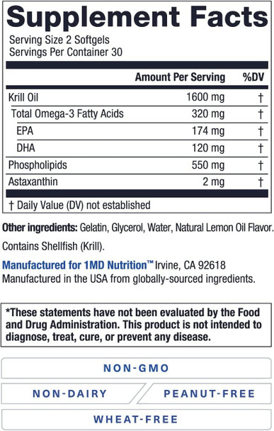 1MD Nutrition KrillMD  Antarctic Krill Oil Omega 3 Supplement with Astaxanthin EPA DHA  2X More Effective Than Fish Oil  60 Softgels