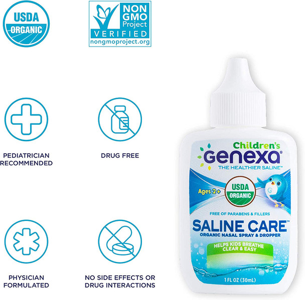 Genexa Saline Care for Children  1 FL OZ 30mL  Certified Organic  NonGMO Saline Spray/Drops for Children  Free of Parabens  Chemicals Genexa Saline Care for Children  1 FL OZ 30mL  Certified Organic  NonGMO Saline Spray/Drops for Children  Free of Parabens  Chemicals