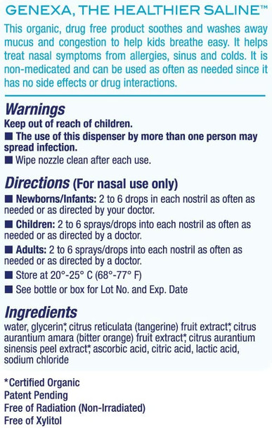 Genexa Saline Care for Children  1 FL OZ 30mL  Certified Organic  NonGMO Saline Spray/Drops for Children  Free of Parabens  Chemicals Genexa Saline Care for Children  1 FL OZ 30mL  Certified Organic  NonGMO Saline Spray/Drops for Children  Free of Parabens  Chemicals