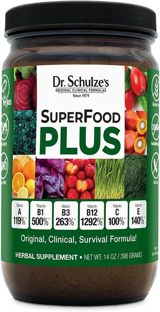 Dr. Schulzes SuperFood Plus  Vitamin and Mineral Herbal Concentrate  Daily Nutrition  GlutenFree and NonGMO  Vegan  14 Ounce Powder  Packaging May Vary