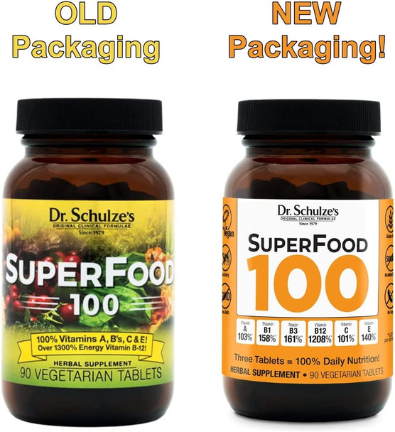 Dr. Schulzes  SuperFood 100  Vitamin  Mineral Herbal Concentrate  Dietary Supplement  Daily Nutrition  Increased Energy  GlutenFree  NonGMO  Vegan  Organic  90 Tabs  Packaging May Vary Dr. Schulzes  SuperFood 100  Vitamin  Mineral Herbal Concentrate  Dietary Supplement  Daily Nutrition  Increased Energy  GlutenFree  NonGMO  Vegan  Organic  90 Tabs  Packaging May Vary