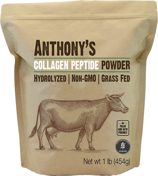 Anthonys Collagen Peptide Powder 1 lb Pure Hydrolyzed Gluten Free Keto and Paleo Friendly Grass Fed Unflavored Non GMO
