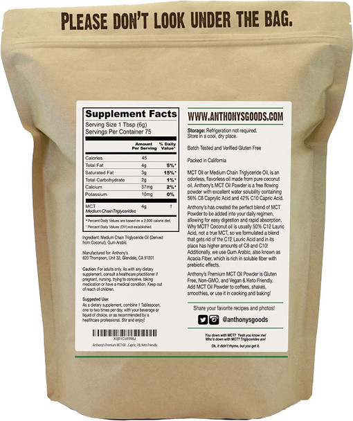 Anthonys Premium Mct Oil Powder 56 C8 Caprylic 42 C10 Capric 1 Lb Gluten Free Non Gmo Keto Friendly