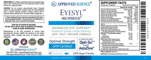 Approved Science EyeSyl  Eye Health Supplement  Protect Against Eye Strain Dry Eyes Eye Fatigue  Chromium Picolinate Taurine Lutein Zeaxanthin Bilberry BioPerine  3 Bottles  Made in USA